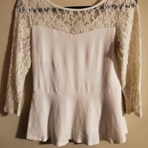 Express White Peplum Top with Lace Sleeve (M)